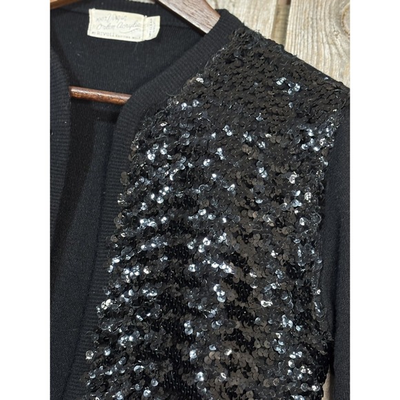Vintage 60s Black Sequin Cropped Party Cardigan - Picture 2 of 4